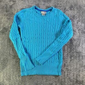 JCP Sweater Women S Blue Crew Neck Cable Knit Pullover Stretch Merino Wool Blend